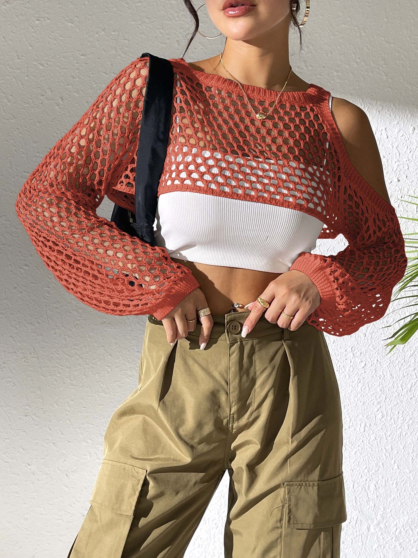 Women’s casual net sweater with open shoulders and loose fit