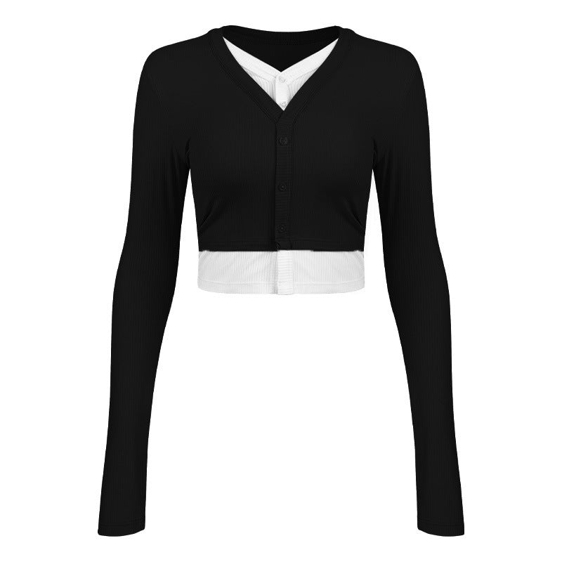 Women's stylish short-sleeved cropped shirt with V-neck and button details