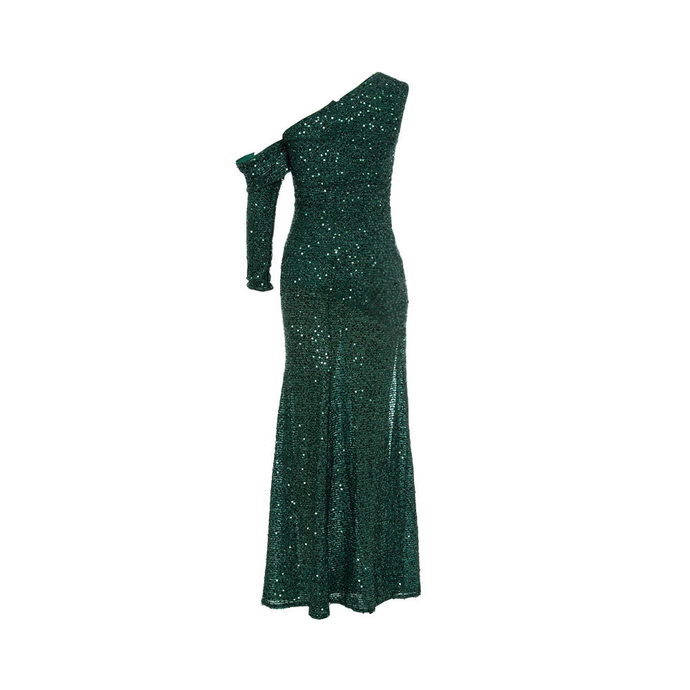 Women's Glamorous Evening Dress with Asymmetric Cut-Out and Sparkling Sequins