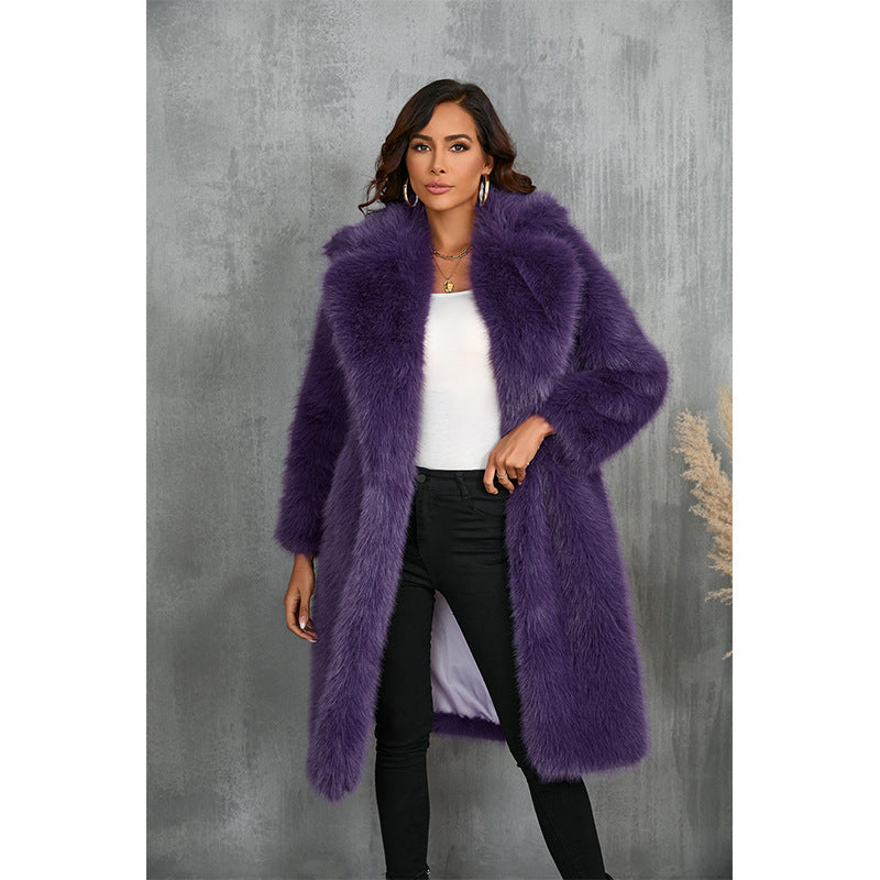 Women's Elegant Faux Fur Coat with Wide Lapels and Loose Fit