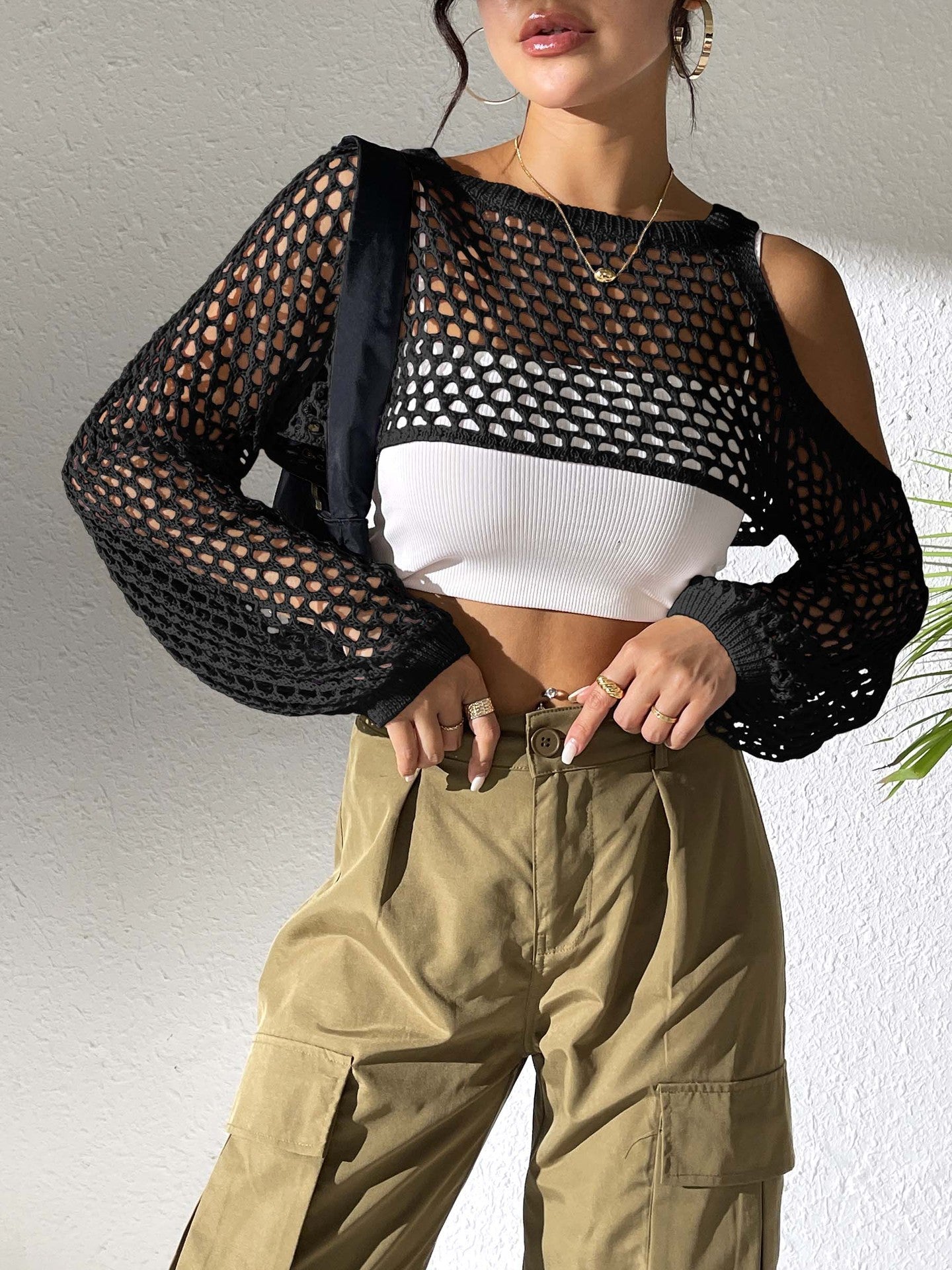 Women’s casual net sweater with open shoulders and loose fit