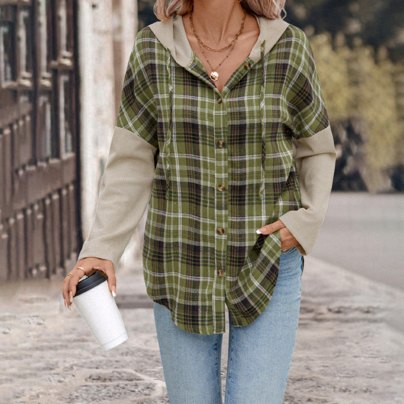 Women's Casual Check Jacket with Contrasting Sleeves