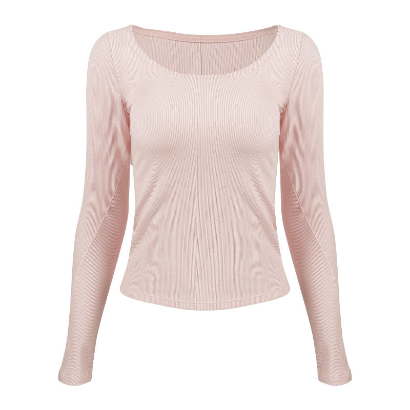Women's Long Sleeve Ribbed T-Shirt with Wide Neckline and Fitted Cut
