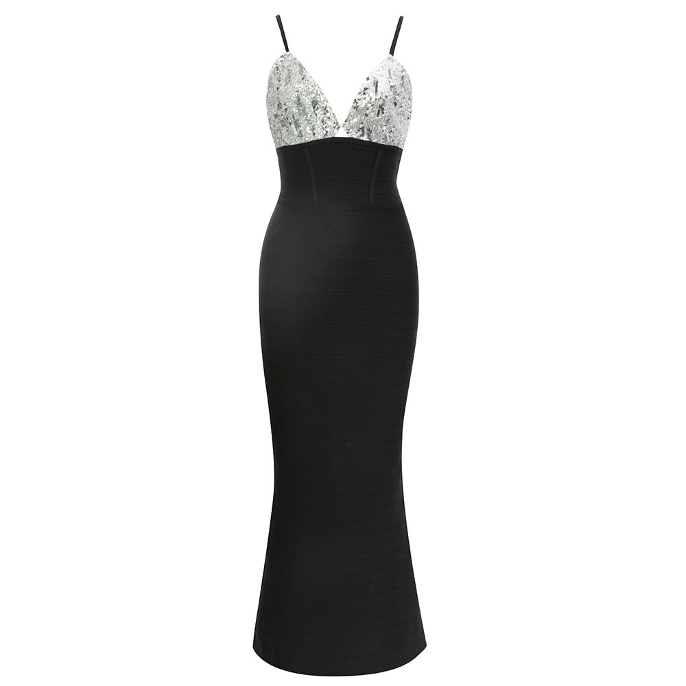 Women Glamorous Evening Dress with Sequin Top and Figure-Flattering Cut
