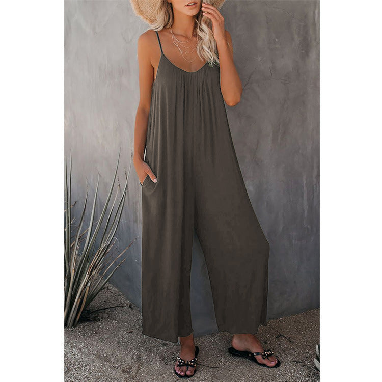 Women's Casual Jumpsuit with Wide Legs and Practical Pockets