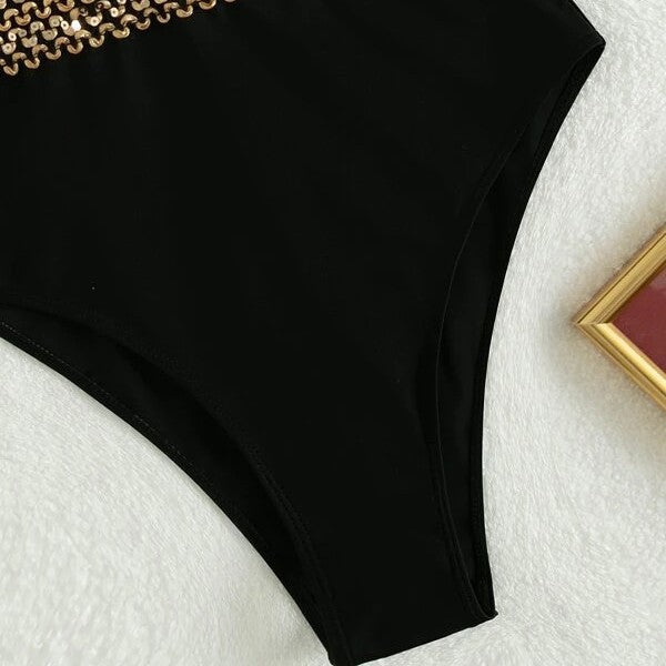 Women Mesh Insert High-Waisted One-Piece Swimsuit