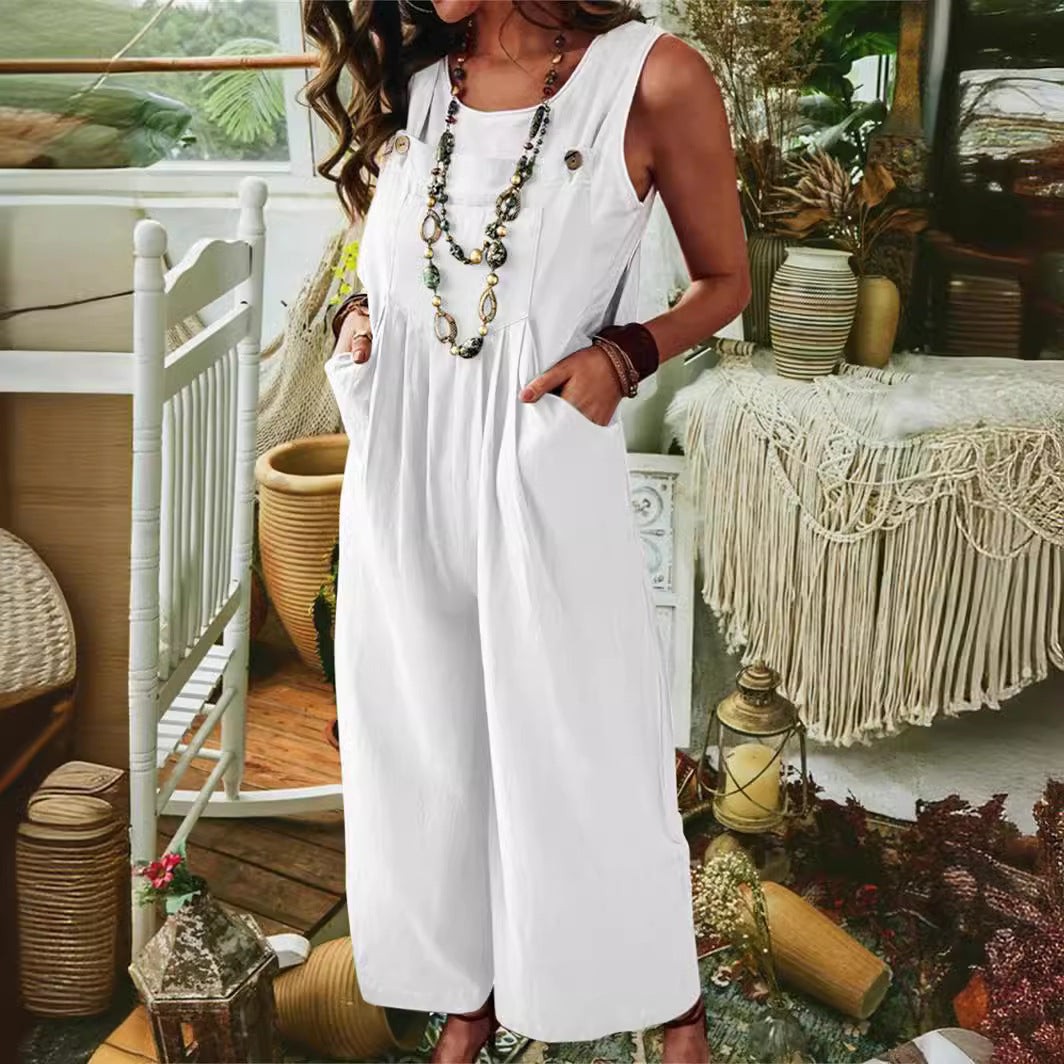 Ladies Casual Jumpsuit with Wide Leg and Pockets