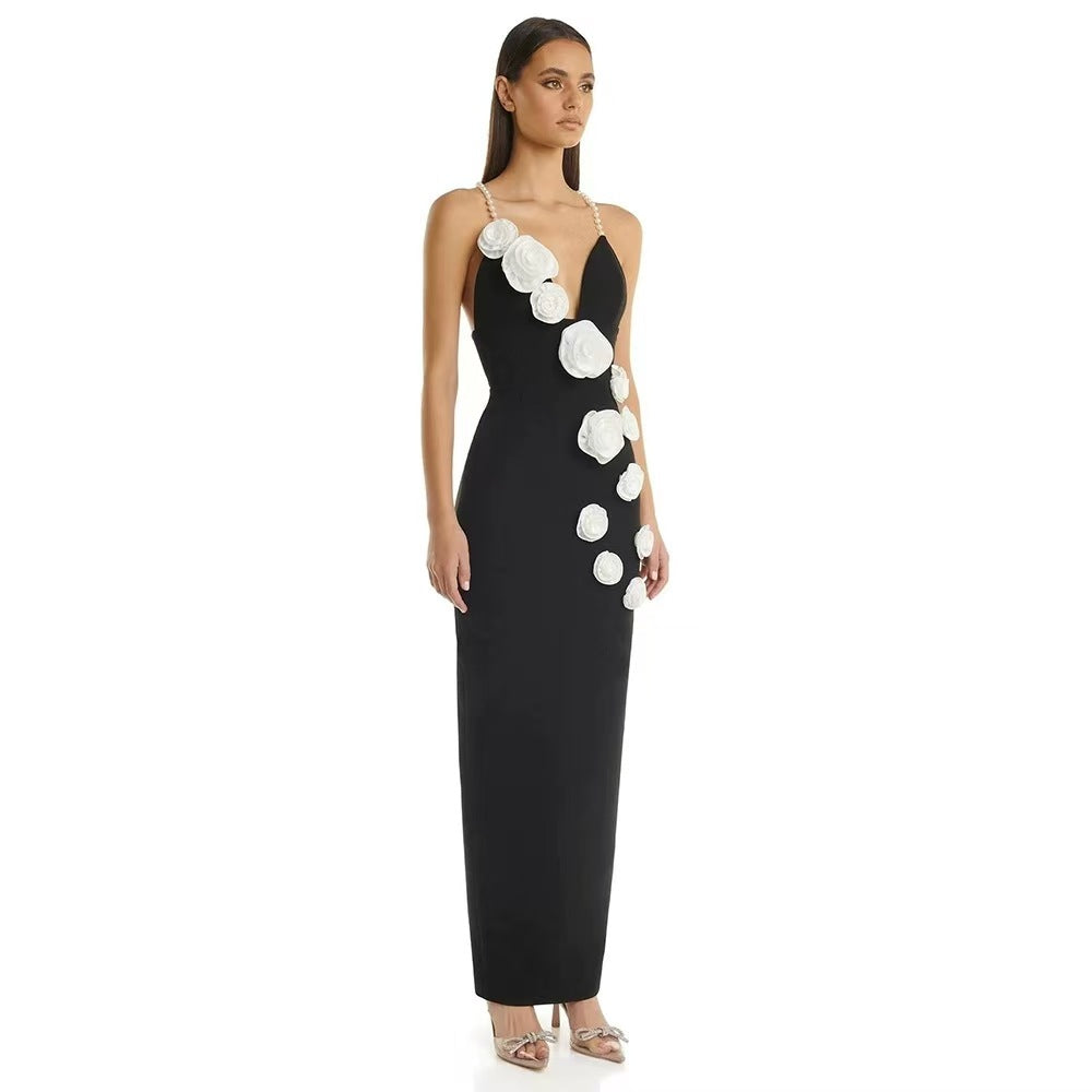 Ladies Elegant Maxi Dress with Decorative Rose Applications and Slim Cut
