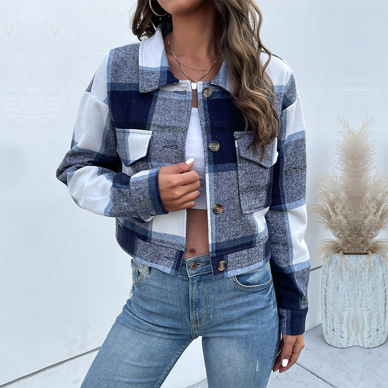 Women's Checked Denim Jacket with Buttons and Chest Pockets