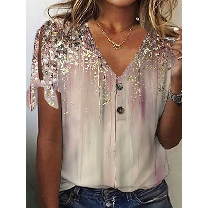 Women's V-neck blouse with decorative buttons and casual sleeves