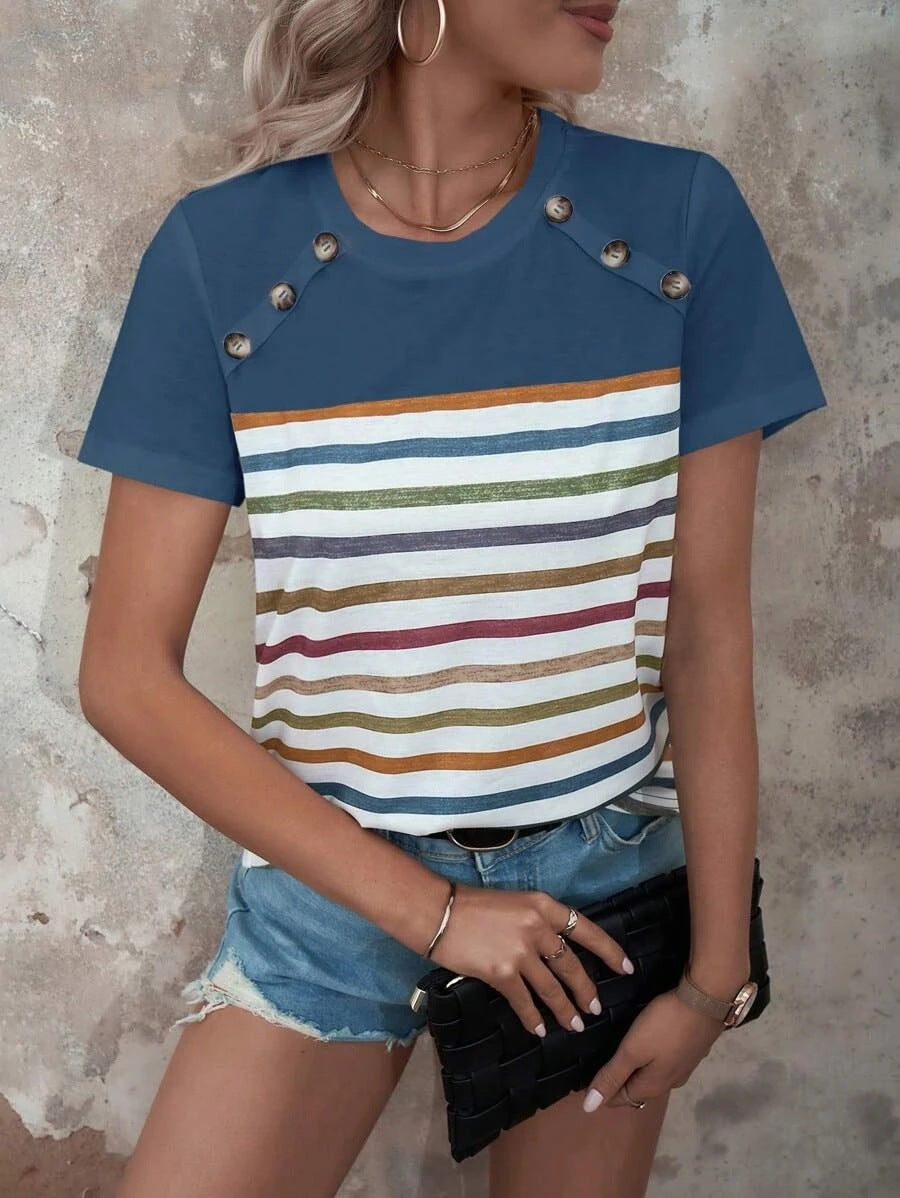 Women striped T-shirt with stylish button details and round neck