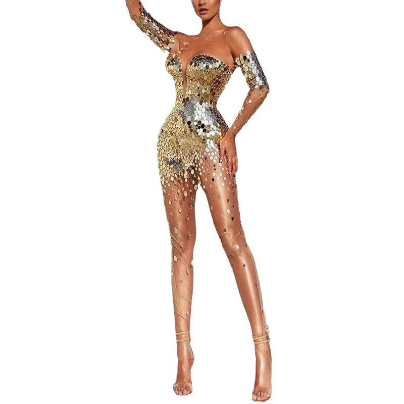 Women's Glamorous Party Dress with Sequins and Deep Neckline