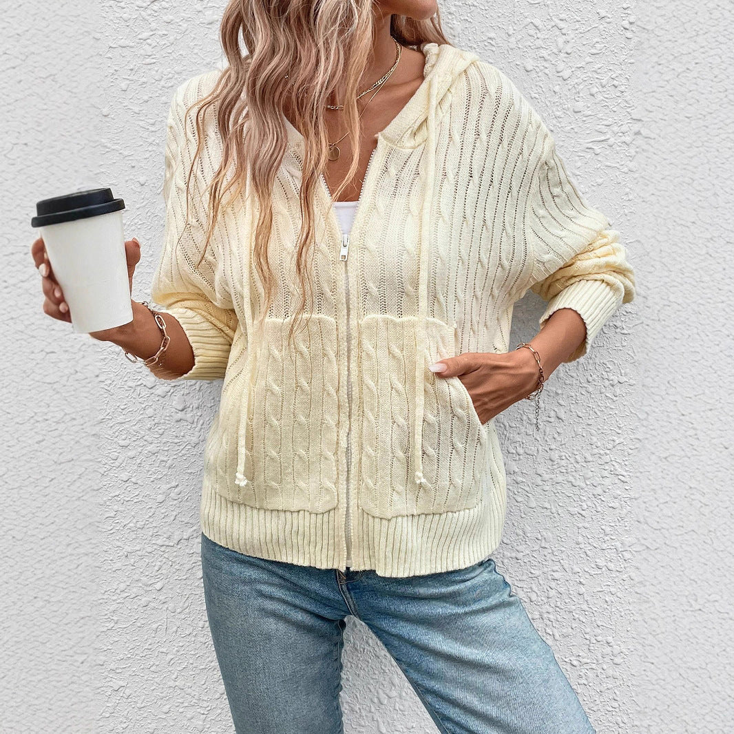 Women's striped cardigan with zipper and hood