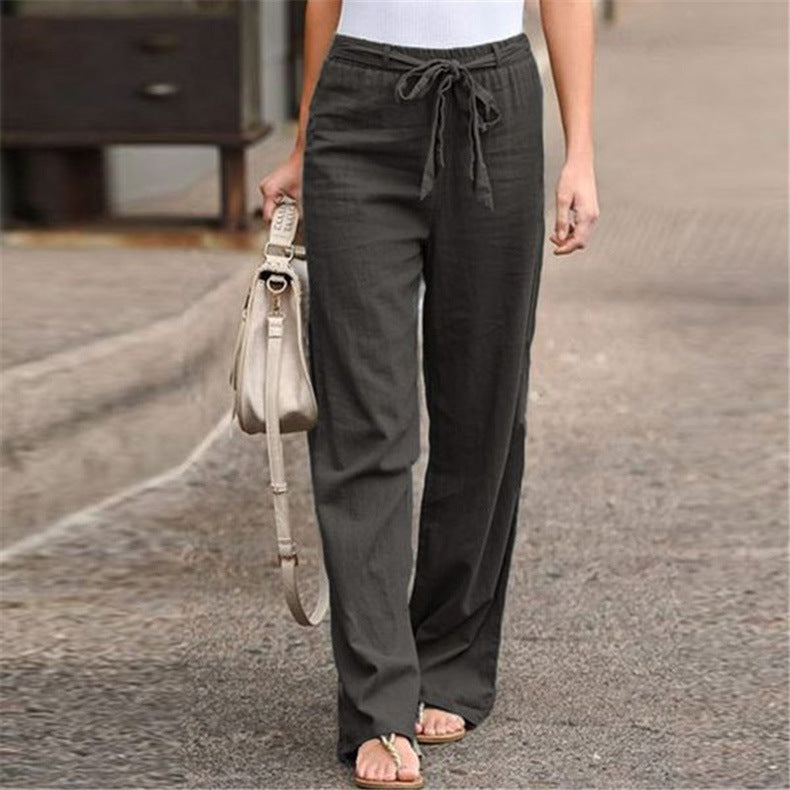 Women's comfortable linen pants with elastic waistband and adjustable tie belt
