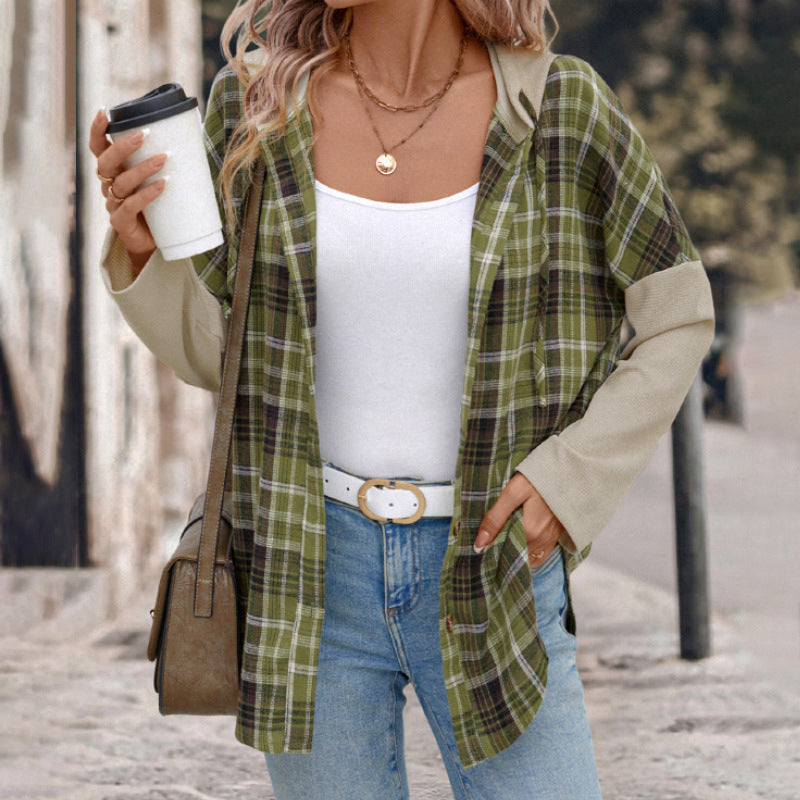 Women's Casual Check Jacket with Contrasting Sleeves