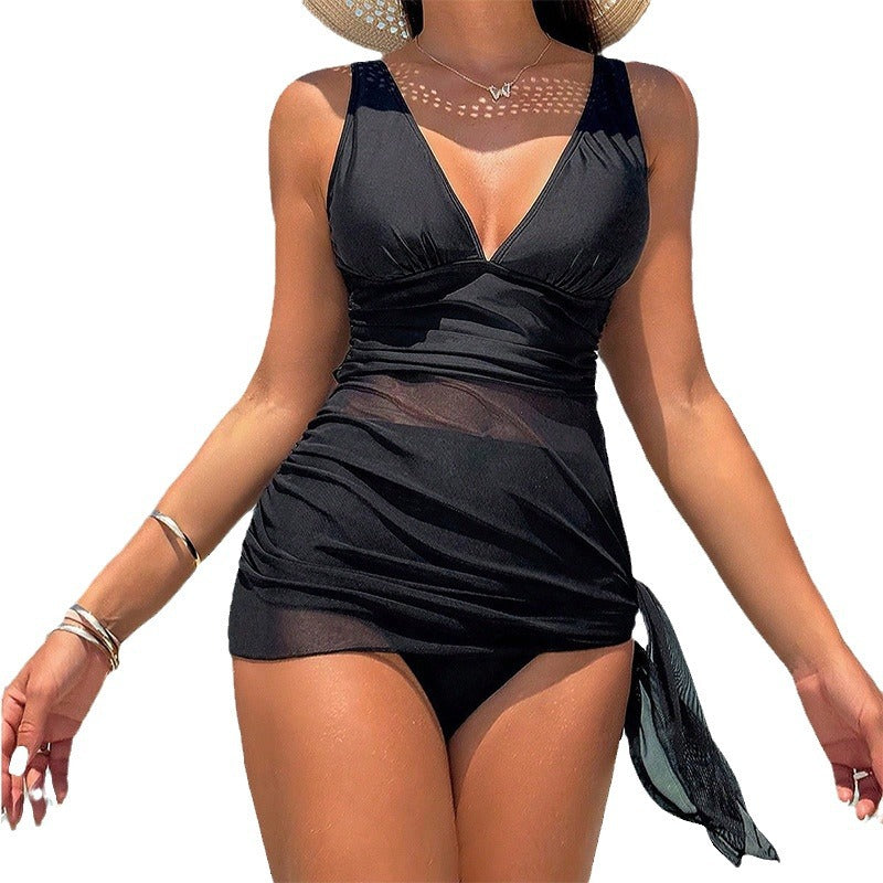 Women Ruffle One-Piece Swimsuit with Transparent Overlay