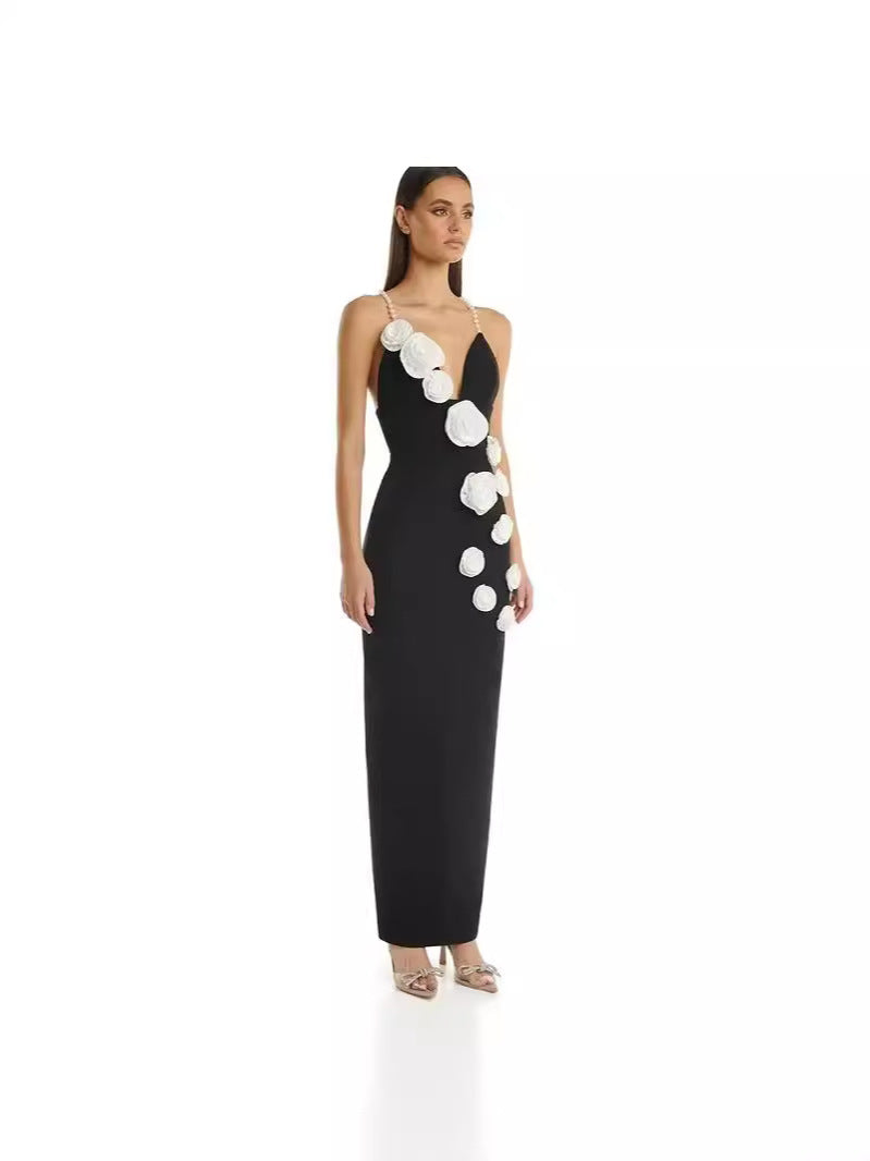Ladies Elegant Maxi Dress with Decorative Rose Applications and Slim Cut