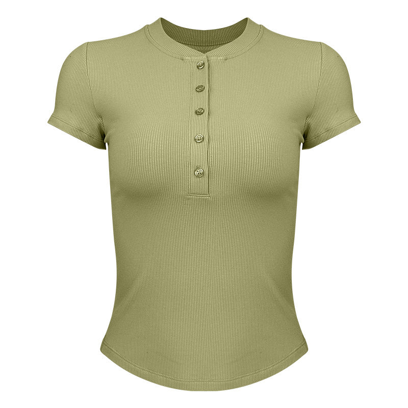 Women's modern short sleeve Henley shirt with button placket and fine rib structure