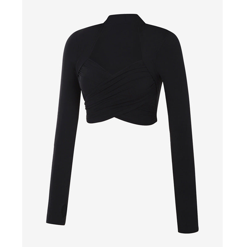 Women's elegant long sleeve crop top with sophisticated wrap detail and high comfort