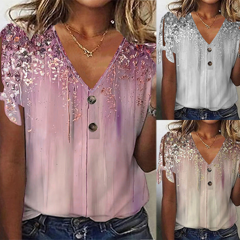 Women's V-neck blouse with decorative buttons and casual sleeves