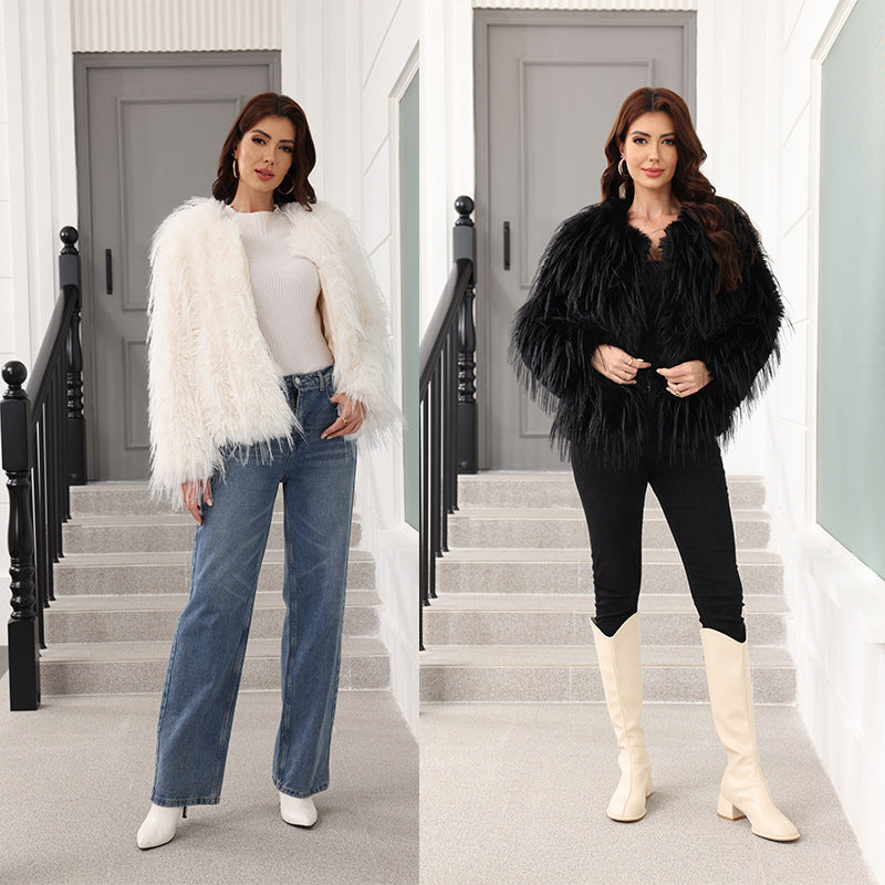 Women's Soft Faux Fur Short Jacket with Flared Sleeves