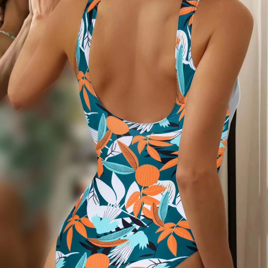Women's High-Waisted Floral Print Wrap One-Piece Swimsuit with Tie Detail