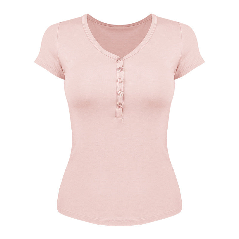 Women's short-sleeved functional shirt with button placket and V-neck