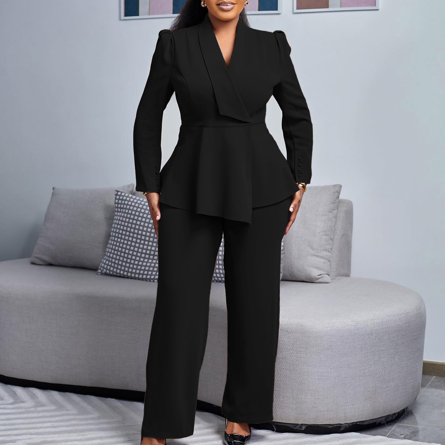 Women's suit with elegant blazer and wide pant leg