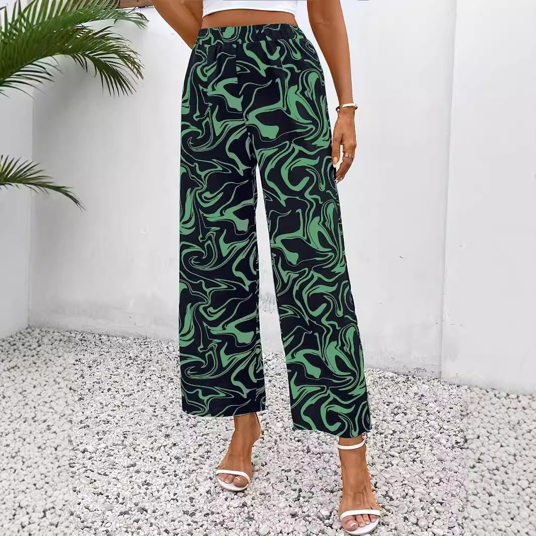Ladies Wide Palazzo Pants with Modern Marble Print and Elastic Waistband