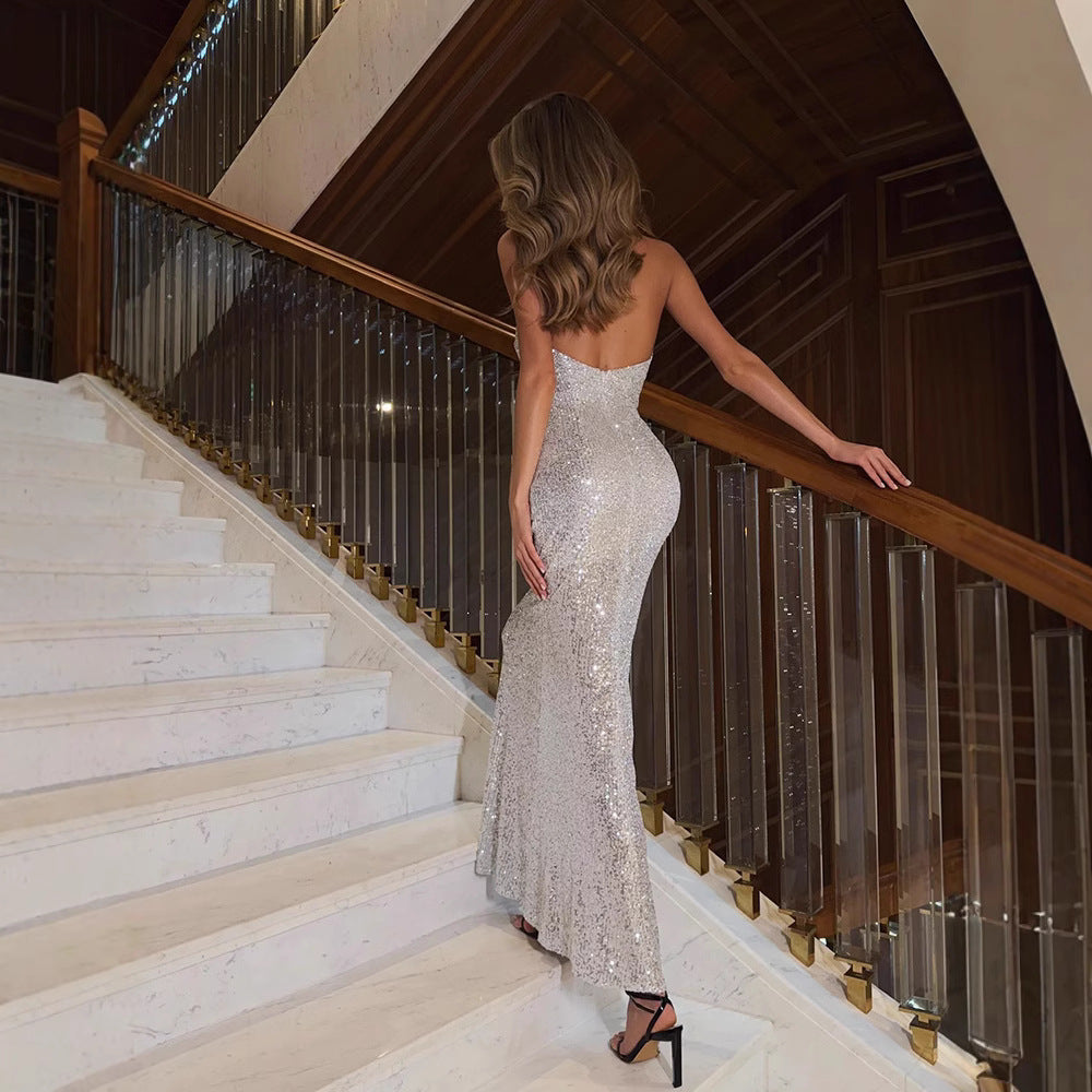 Women's glamorous evening dress with sparkling sequins and slim fit
