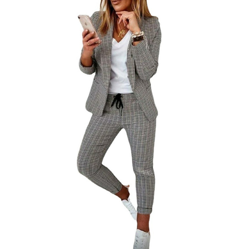 Ladies elegant check pattern suit set