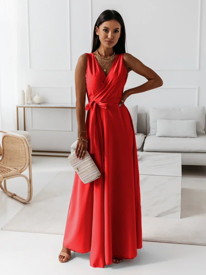 Women Solid V-neck Long Dress