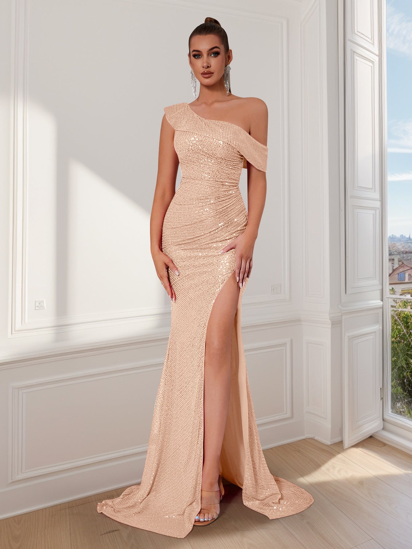 Women Glamorous Evening Dress with Asymmetric Strap and Sparkling Sequins