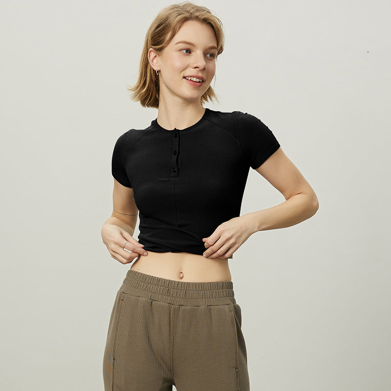 Women's fashionable short-sleeve Henley top with elastic rib design