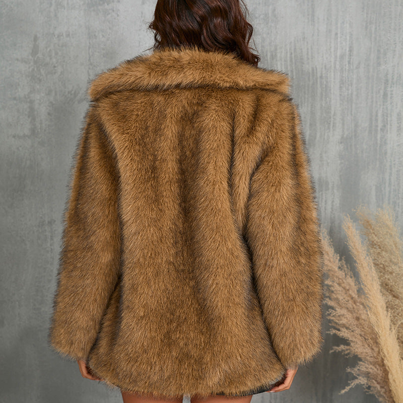 Ladies Luxurious Faux Fur Jacket with Voluminous Collar