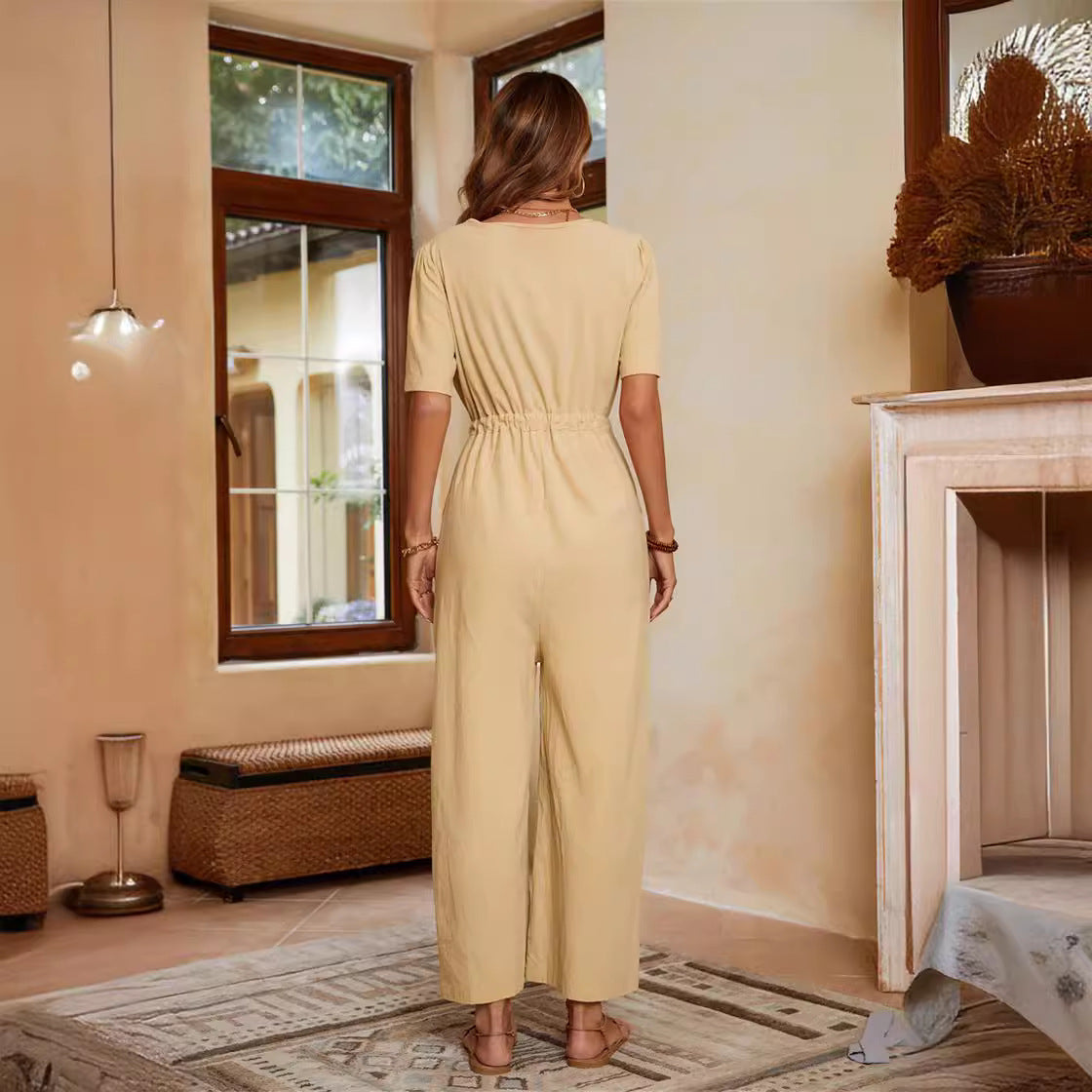 Women's Casual Jumpsuit with High Waist and Practical Pockets