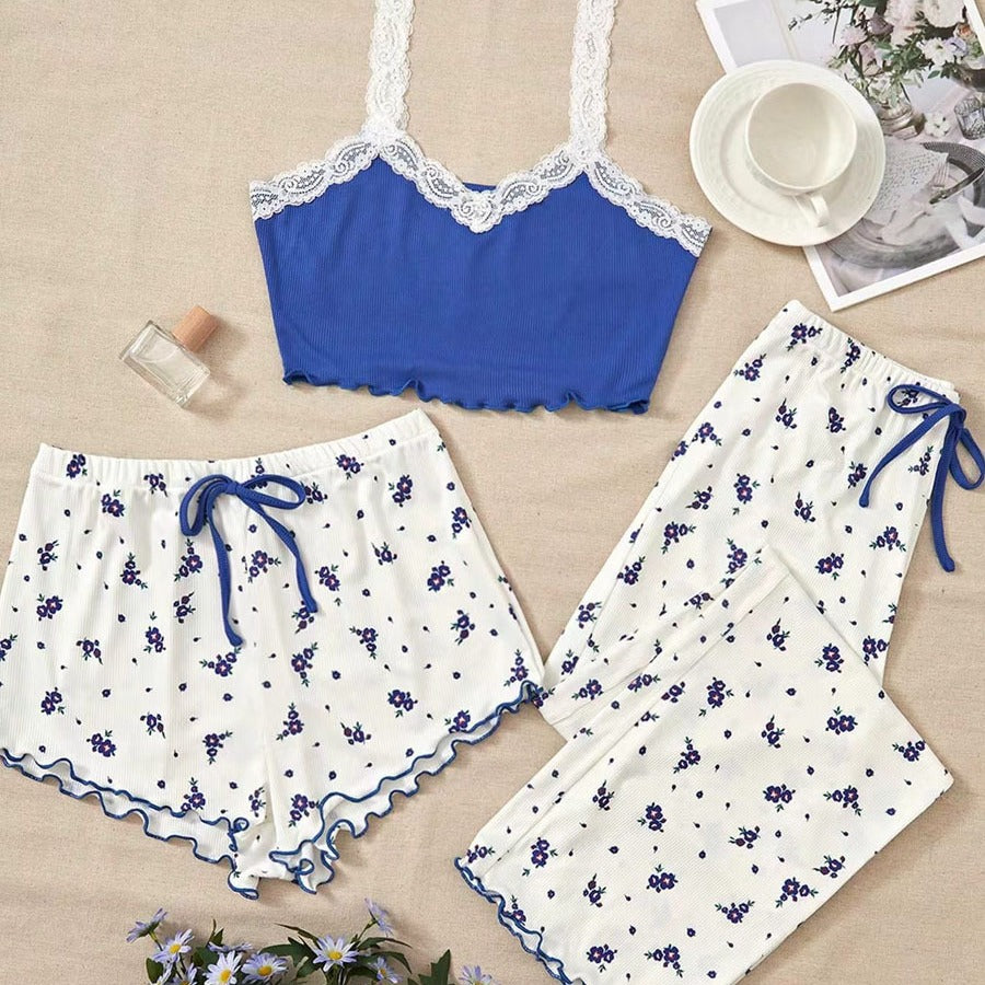 Ladies' pajama set with lace-trimmed straps and floral design
