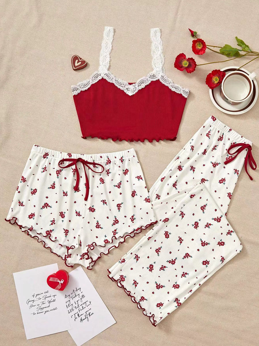 Ladies' pajama set with lace-trimmed straps and floral design