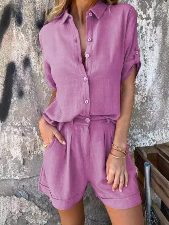 Women's casual jumpsuit with buttoned top and practical waist drawstring