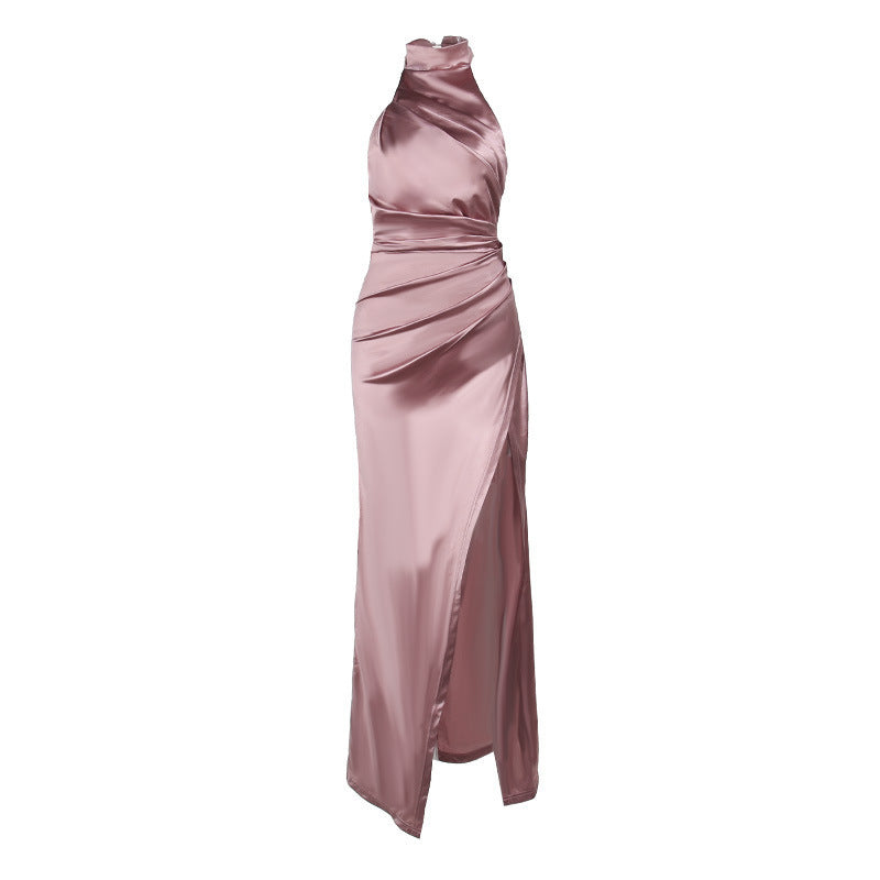 Ladies refined evening dress with half collar and elegant slit