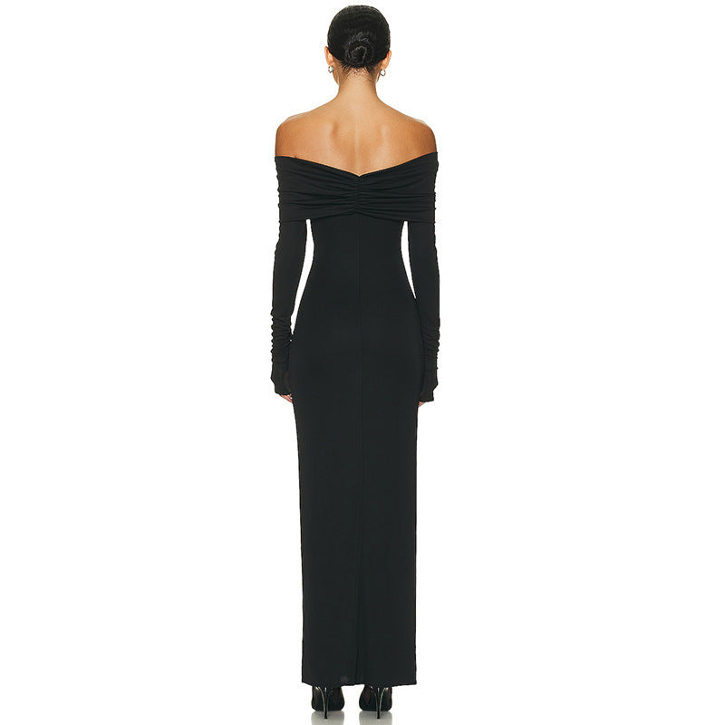 Women's Off-Shoulder Maxi Dress with Ruched Bodice and Long Sleeve