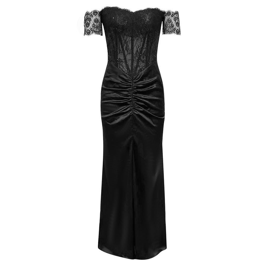 Women's Off-Shoulder Evening Dress with Lace Top and Bodycon Design