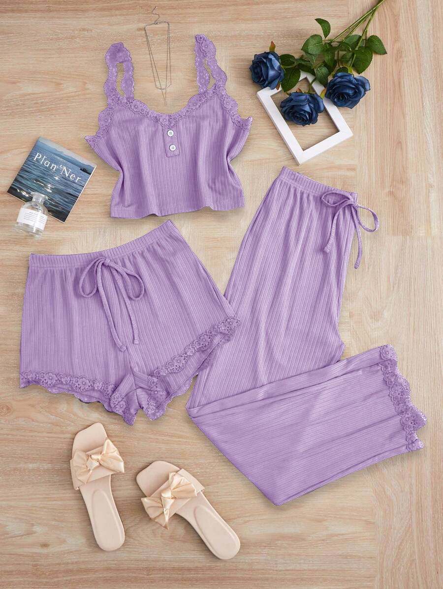 Women's Fashion Pajama Set with Lace Accents
