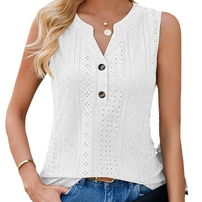 Women's sleeveless blouse top with button-decorated details and fine lace pattern