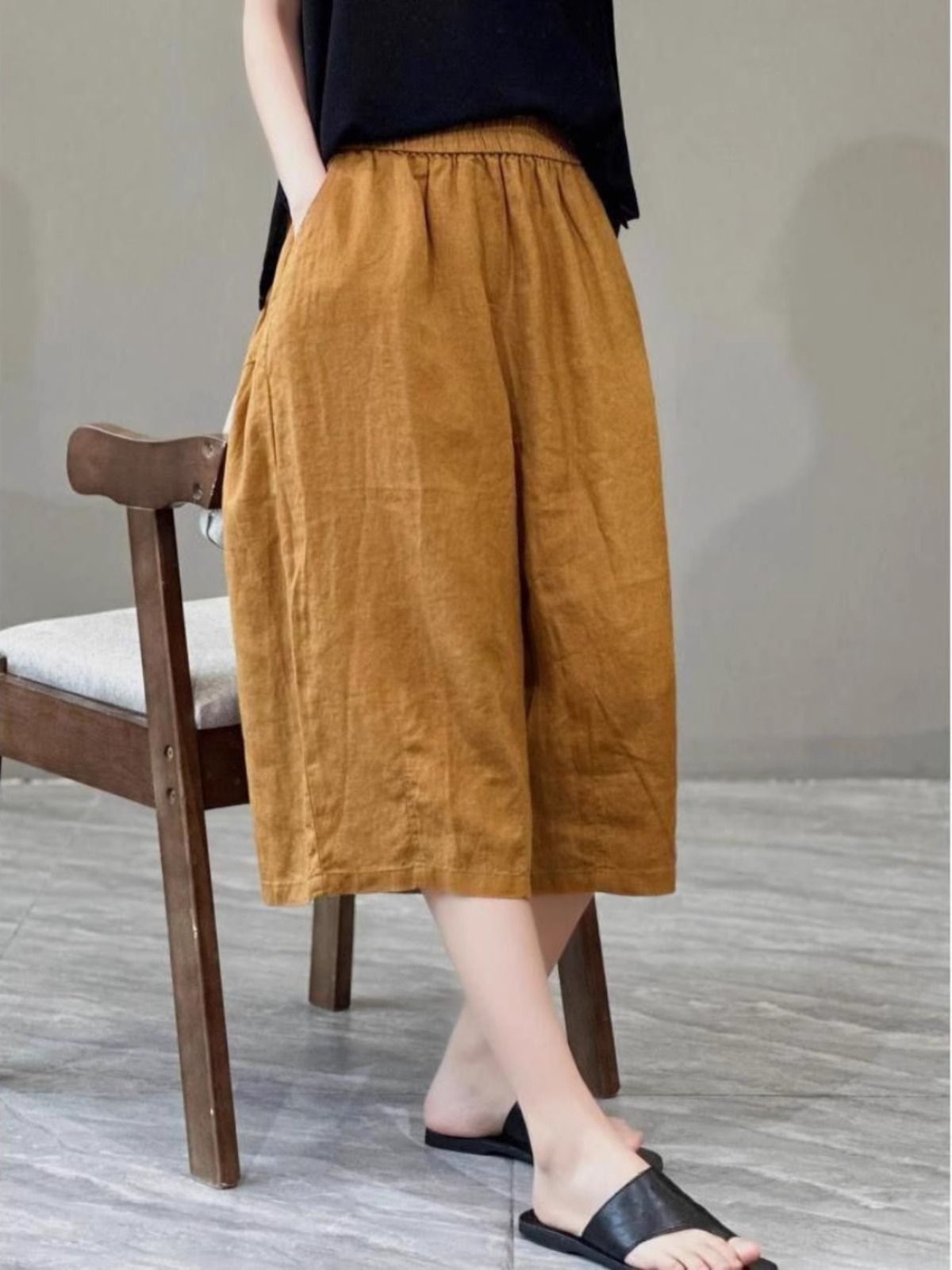 Women Relaxed Fit Linen Culotte Shorts