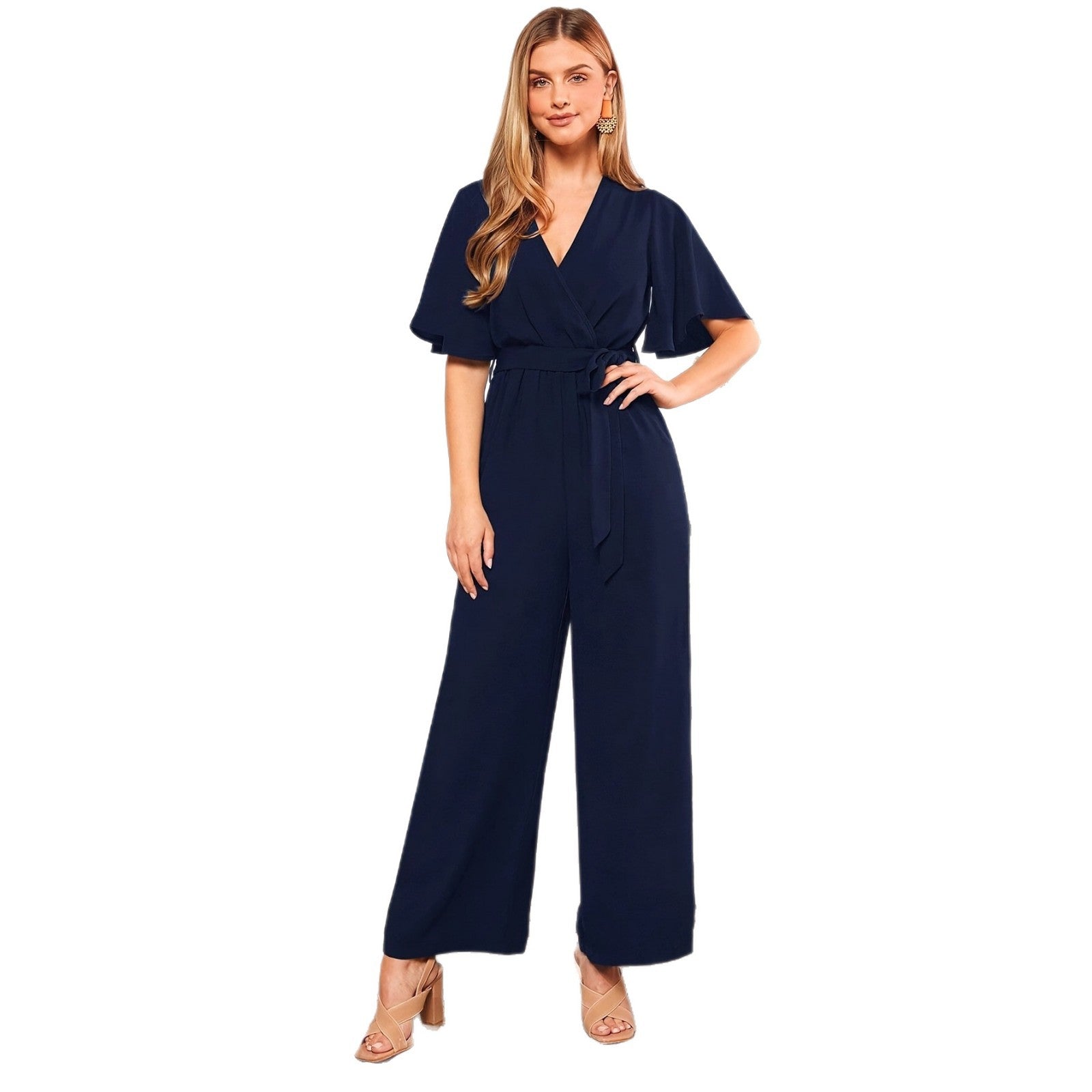 Ladies elegant jumpsuit with deep V-neck and poncho sleeves
