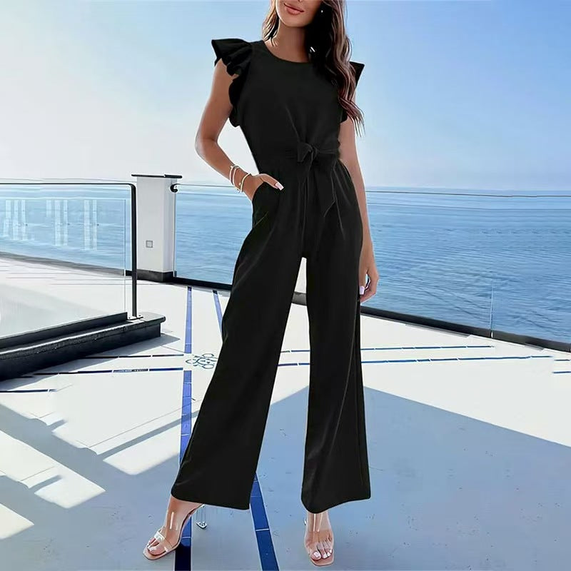Women's jumpsuit with waist belt and elegant ruffle details