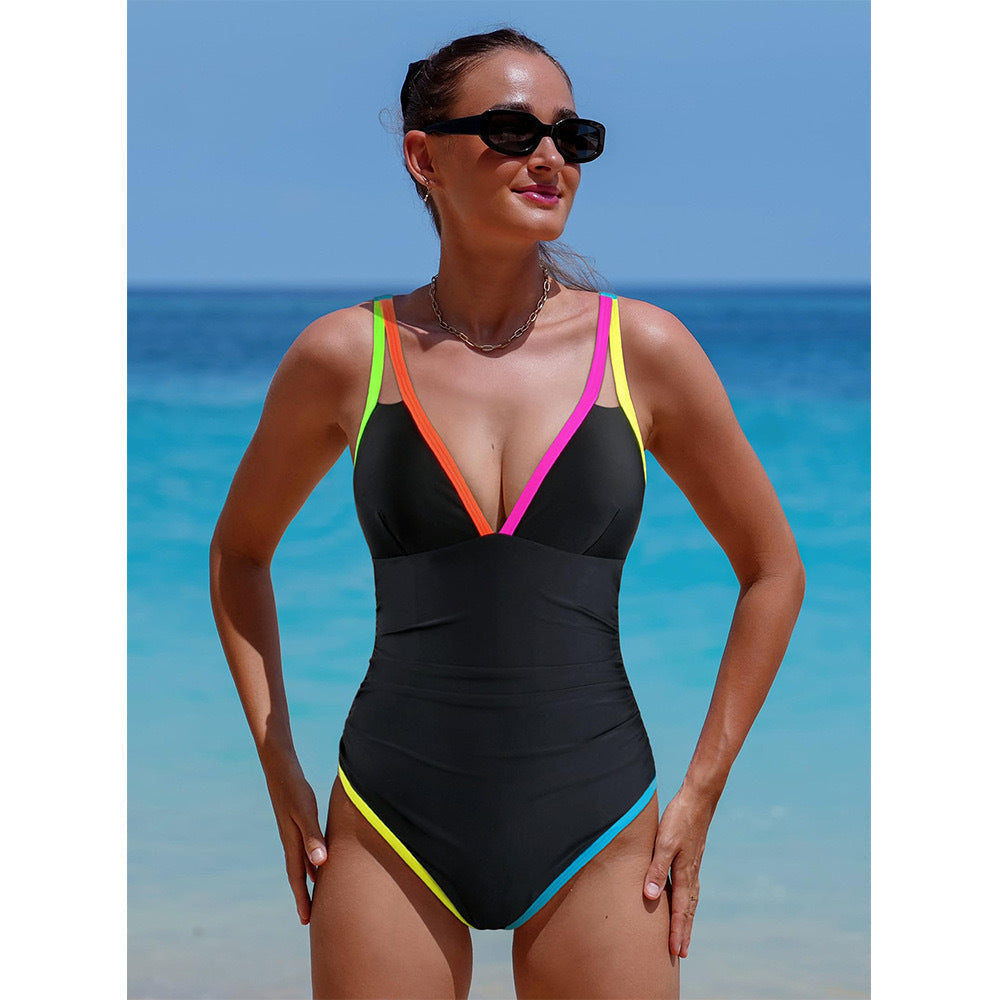 Women's swimsuit with deep V-neckline and contrasting straps