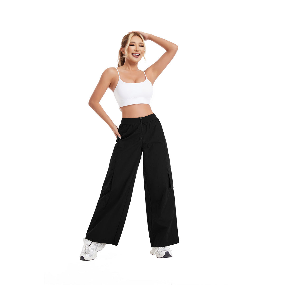Women's High-Waisted Casual Cargo Pants with Wide Legs and Practical Side Pockets
