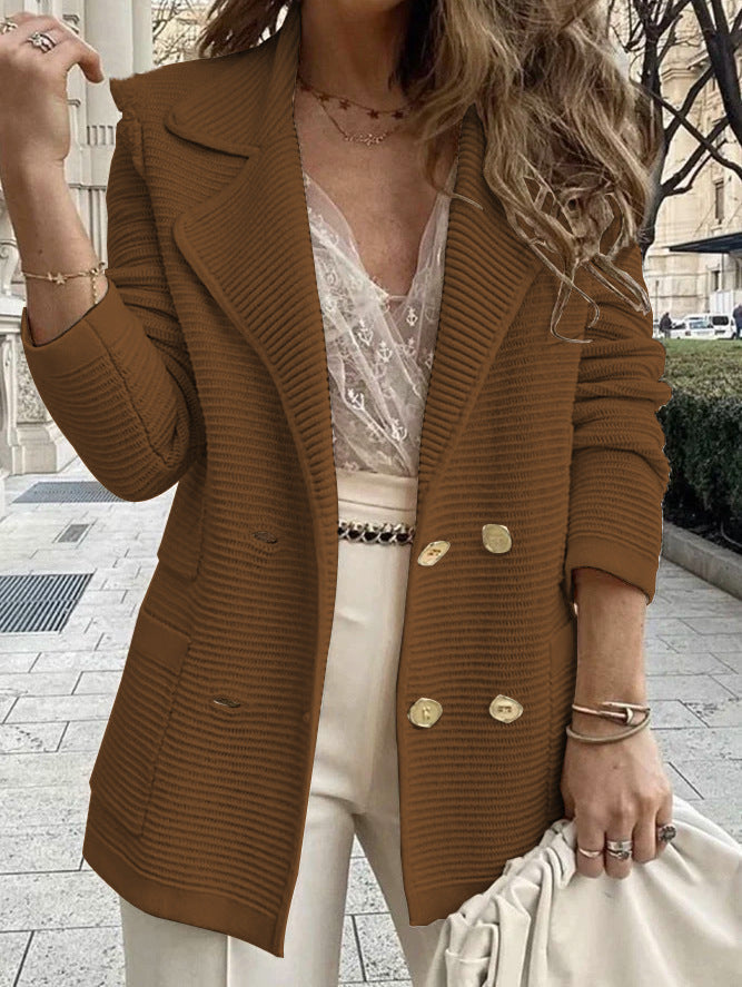 Women's elegant knit blazer with double button placket and pockets
